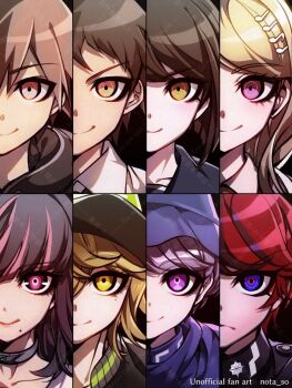 3girls 5boys akamatsu_kaede akudama_drive black_hair blonde_hair brown_hair choker commentary_request crossover danganronpa:_trigger_happy_havoc danganronpa_(series) danganronpa_2:_goodbye_despair danganronpa_another_episode:_ultra_despair_girls danganronpa_v3:_killing_harmony eyelashes fortissimo hair_ornament hat hinata_hajime looking_at_viewer master_detective_archives:_rain_code mole mole_under_eye mole_under_mouth multicolored_hair multiple_boys multiple_crossover multiple_girls musical_note musical_note_hair_ornament naegi_komaru naegi_makoto nota_sayaka purple_eyes purple_hair red_hair shirokane_haru smile streaked_hair sumino_takumi swindler_(akudama_drive) the_hundred_line_-last_defense_academy- tribe_nine yuma_kokohead