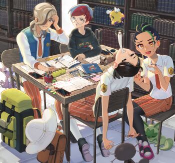 1boy 3girls arven_(pokemon) bag black_hair black_hoodie black_pantyhose book chair collared_shirt commentary_request cup eyelashes flittle gen_8_pokemon giving_up_the_ghost green_hair hat highres hood hoodie indoors juliana_(pokemon) library logo lvetica multicolored_hair multiple_girls necktie nemona_(pokemon) nintendo open_mouth orange_eyes orange_shorts paldean_wooper pantyhose pen penny_(pokemon) pointing pokemon pokemon_sv school_uniform shirt shoes short_sleeves shorts sitting sprigatito table toxel two-tone_hair unworn_bag unworn_hat unworn_headwear white_shirt