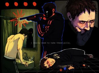 1boy afraid_of_monsters assault_rifle bathroom black_eyes black_gloves colored_sclera commentary crying crying_with_eyes_open curled_up curtains david_leatherhoff different_reflection drugs english_commentary fingerless_gloves gloves gun hand_on_own_face highres holding holding_gun holding_weapon hood hood_down hoodie lying male_focus male_underwear male_underwear_peek multiple_views on_ground on_side pill_bottle red_pupils red_sclera reflection rifle sink striped_clothes striped_hoodie tears tile_wall tiles topless_male ttwicoff underwear weapon