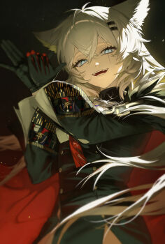 1girl absurdres animal_ears arknights asymmetrical_gloves bd_x0x black_background black_coat black_gloves blue_eyes buttons cape coat crossed_bangs double-breasted eyelashes fangs gloves grey_hair hair_between_eyes hair_ornament hairclip highres korean_commentary lappland_(arknights) lappland_the_decadenza_(arknights) long_hair looking_at_viewer military_uniform mismatched_gloves necktie official_alternate_costume open_mouth red_cape red_gloves red_necktie scar scar_across_eye scar_on_face simple_background slit_pupils smile solo standing teeth two-tone_gloves upper_body wolf_ears wolf_girl