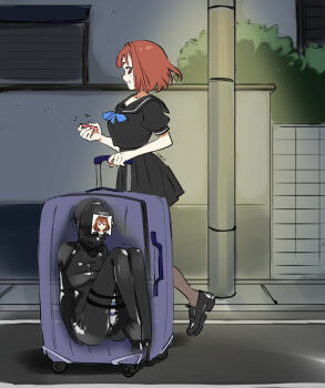 1girl armbinder bdsm black_bodysuit black_sailor_collar black_shirt black_skirt blindfold bodysuit bondage bound bound_arms bound_legs box briefcase brown_eyes brown_hair commission controller eudetenis female_focus femdom futaba_(pretzelfan) gag gimp_mask girl_in_suitcase grin highres hitachi_magic_wand ichika_(pretzelfan) in_box in_container lamppost latex latex_bodysuit loafers mask night original outdoors panel_gag pantyhose photo_(object) remote_control remote_control_vibrator road rolling_suitcase sailor_collar sex_toy shiny_clothes shirt shoes skirt smile street suitcase trembling vibrator walking x-ray yuri