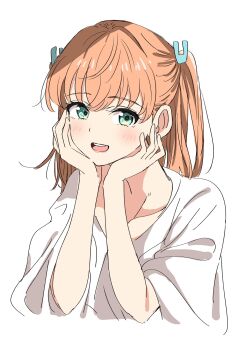 1girl :d alternate_costume aqua_eyes bien_(djpwjd1) blush commentary hair_ornament hands_on_own_cheeks hands_on_own_face highres hinoshita_kaho link!_like!_love_live! long_hair looking_at_viewer love_live! open_mouth rabbit_hair_ornament shirt short_sleeves simple_background smile solo symbol-only_commentary teeth two_side_up upper_teeth_only virtual_youtuber white_background white_shirt