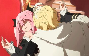 10s 1boy 1girl animated animated_gif blonde_hair owari_no_seraph pink_hair twintails vampire