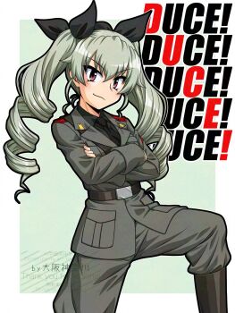 Rule 34 | 1girl, anchovy (girls und panzer), anzio military uniform, black boots, black necktie, black ribbon, blush, boots, breasts, commentary request, crossed arms, drill hair, girls und panzer, green hair, green jacket, green pants, hair ribbon, highres, jacket, long hair, necktie, oosaka kanagawa, pants, pants tucked in, red eyes, ribbon, smirk, twin drills, v-shaped eyebrows, watermark