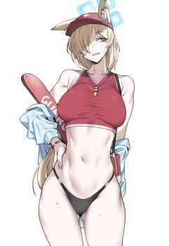 Rule 34 | 1girl, absurdres, alternate costume, animal ears, asymmetrical bangs, bags under eyes, bikini, bikini bottom only, black bikini, blonde hair, blue archive, blue jacket, bracelet, breasts, cropped shirt, fox ears, gluteal fold, hair over one eye, hand on own hip, highleg, highleg bikini, highres, jacket, jacket partially removed, jewelry, kanna (blue archive), large breasts, lifeguard, long hair, one eye covered, red headwear, red shirt, sharp teeth, shirt, simple background, sleeveless, sleeveless shirt, solo, stomach, sweat, swimsuit, teeth, urec, very long hair, whistle, whistle around neck, white background