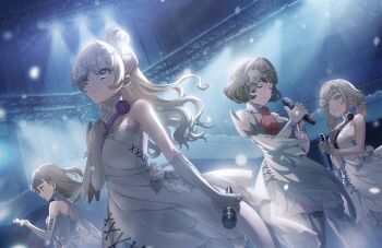 4girls black_hair blonde_hair blue_eyes blue_hair blue_streaks blunt_bangs breasts brown_hair ceras_yanagida_lilienfeld closed_eyes cross-laced_clothes cross-laced_gloves dress elbow_gloves game_cg gloves gradient_hair grey_hair hair_bun hand_on_own_chest highres holding holding_microphone kachimachi_kosuzu link!_like!_love_live! looking_ahead love_live! low_twintails medium_breasts microphone momose_ginko multicolored_hair multiple_girls non-web_source official_art one_side_up osawa_rurino parted_lips pink_eyes profile short_hair single_bare_shoulder single_hair_bun strapless strapless_dress streaked_hair twintails two-handed virtual_youtuber white_dress white_gloves