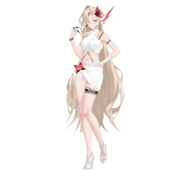 1girl absurdres alternate_costume bare_shoulders belt bikini bikini_skirt blonde_hair boots breasts choker commission commissioner_upload criss-cross_straps eyelashes flower full_body genshin_impact hair_flower hair_ornament hand_on_own_hip highres light_smile long_bangs long_hair looking_at_viewer mature_female mechanical_ears medium_breasts navel non-web_source petite pink_eyes rhan shoes signora_(genshin_impact) skirt solo swimsuit thigh_strap thighhighs thighs transparent_background vision_(genshin_impact) white_shoes