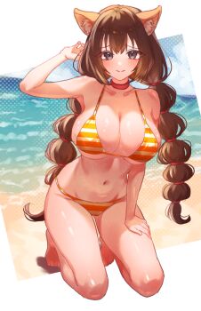 1girl animal_ear_fluff animal_ears beach ben-day_dots bikini blue_eyes blush breasts brown_hair choker cleavage commentary_request commission day dog_ears dog_girl ganju_gou_(eric_zhang) highres large_breasts long_hair lowleg lowleg_bikini multi-tied_hair navel orange_bikini original sadukitsune screentones seiza sitting skeb_commission smile solo striped_bikini striped_clothes swimsuit twintails very_long_hair