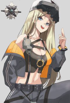 1girl bandaid bandaid_on_face bandaid_on_nose blonde_hair blue_eyes breasts centi_(nikke) cleavage codpiece collarbone commentary_request cowboy_shot crop_top cropped_jacket drone goddess_of_victory:_nikke grey_background grey_jacket grey_pants hand_up jacket jewelry large_breasts long_hair long_sleeves looking_at_viewer miya_(art_aefu) navel necklace open_mouth pants shirt simple_background smile solo teeth upper_teeth_only