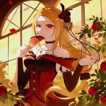 1girl azhe_kanata bare_shoulders blonde_hair braid braided_bangs breasts bridal_gauntlets choker closed_mouth collarbone commentary_request detached_sleeves dress earrings flower folding_fan hair_flower hair_ornament hand_fan highres holding holding_fan jewelry long_hair looking_at_viewer necklace off-shoulder_dress off_shoulder petals ponytail priscilla_barielle re:zero_kara_hajimeru_isekai_seikatsu red_dress red_eyes red_flower red_rose ring rose rose_petals smile solo window