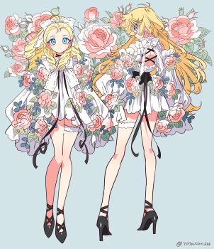 2girls aqua_background backless_outfit bare_shoulders black_ribbon black_shoes blonde_hair blue_eyes closed_mouth copyright_name detached_sleeves dress drill_hair full_body high_heels highres legs_apart long_hair long_sleeves looking_at_viewer marie_antoinette_(versailles_no_bara) meremero multiple_girls oscar_francois_de_jarjayes puffy_long_sleeves puffy_sleeves ribbon shoes simple_background smile twitter_username versailles_no_bara very_long_hair white_dress