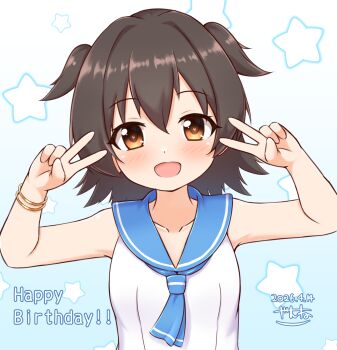 1girl akagi_miria black_hair blue_sailor_collar bracelet brown_eyes collarbone commentary_request double_v dress hands_up happy_birthday highres idolmaster idolmaster_cinderella_girls idolmaster_cinderella_girls_u149 jewelry official_alternate_costume sailor_collar sailor_dress sailor_swimsuit_(idolmaster) short_hair smile solo star_(symbol) star_symbol_background two_side_up upper_body v white_dress zanne