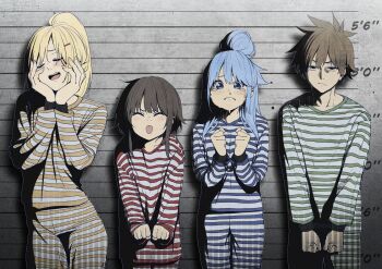 1boy 3girls aqua_(konosuba) blue_eyes blue_pants blue_shirt blush brown_hair closed_eyes closed_mouth commentary_request cowboy_shot cuffs darkness_(konosuba) facing_viewer frown green_pants green_shirt handcuffs hands_on_own_cheeks hands_on_own_face height_chart highres izawa_(bhive003) kono_subarashii_sekai_ni_shukufuku_wo! lineup long_hair long_sleeves looking_at_viewer megumin mugshot multiple_girls open_mouth pants prison_clothes red_pants red_shirt satou_kazuma shirt short_hair sidelocks smile striped_clothes striped_pants striped_shirt tearing_up tongue tongue_out yellow_pants yellow_shirt