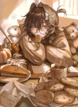 1girl book brown_hair brown_sweater brown_theme butterfly_hair_ornament coffee_mug commentary cookie cup double-parted_bangs food food_in_mouth food_on_face glasses hair_between_eyes hair_ears hair_ornament hairclip highres honey honey_dipper kirihara_aki long_bangs long_sleeves looking_at_viewer looking_over_eyewear medium_hair mug open_book original pie pie_slice pumpkin solo stuffed_animal stuffed_rabbit stuffed_toy sweater symbol-only_commentary teddy_bear upper_body