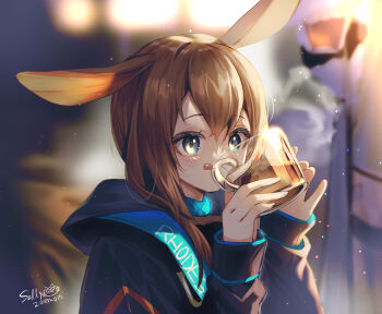 1girl amiya_(arknights) animal_ears arknights black_jacket blue_eyes blurry blurry_background blush brown_hair closed_mouth cup depth_of_field drink hair_between_eyes hands_up highres holding holding_cup hood hood_down hooded jacket long_hair long_sleeves looking_away puffy_long_sleeves puffy_sleeves rabbit_ears sallyzaemon signature sleeves_past_wrists solo tongue tongue_out transparent upper_body
