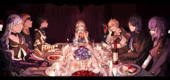 3girls 4boys 7wata_himori arash_(fate) armor black_dress black_hair black_robe blonde_hair blood blood_on_face blue_dress bone bottle bouquet breastplate breasts brooch brynhild_(fate) candelabra candle candlestand champagne_flute collared_shirt commentary_request cup dress drinking_glass earrings fate/prototype fate/prototype:_fragments_of_blue_and_silver fate_(series) feast flower hair_over_one_eye hassan_of_serenity_(fate) highres hood hood_up hyde_(fate) jekyll_and_hyde_(fate) jewelry long_hair mask multiple_boys multiple_girls ozymandias_(fate) paracelsus_von_hohenheim_(fate) plate purple_hair robe sajou_manaka sharp_teeth shirt short_hair skull_mask small_breasts smile spoilers teeth utensil white_shirt yellow_eyes