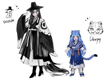 2girls :3 absurdly_long_hair animal_ears black_boots black_hair black_hanbok black_lips black_nails black_sclera blue_hair blue_hanbok boots character_name colored_sclera commentary creature_and_personification derpy_(kpop_demon_hunters) extra_eyes facial_mark fang full_body hair_over_one_eye hanbok hand_up high_heel_boots high_heels highres kazu_miart korean_clothes kpop_demon_hunters layered_sleeves long_hair long_sleeves looking_at_viewer monster_girl multicolored_hair multiple_girls open_mouth pants personification red_eyes short_over_long_sleeves short_sleeves simple_background smile standing striped_hair sussie_(kpop_demon_hunters) tail tassel tiger tiger_ears tiger_girl tiger_tail two-tone_hair very_long_hair white_background white_pants wide_sleeves yellow_eyes