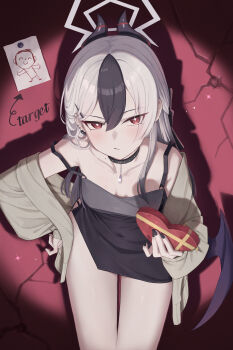 Rule 34 | 1girl, absurdres, black choker, black dress, black horns, blue archive, candy, chocolate, chocolate heart, choker, collarbone, commentary, cowboy shot, demon horns, diamond necklace, doodle sensei (blue archive), dress, ear piercing, food, grey halo, grey jacket, halo, hand on own hip, heart, heart-shaped food, highres, holding, holding chocolate, holding food, horns, huran tea, jacket, kayoko (blue archive), kayoko (dress) (blue archive), long hair, looking at viewer, mole, mole on collarbone, multicolored hair, official alternate costume, piercing, purple wings, sensei (blue archive), short dress, single wing, solo, solo focus, strap slip, studded choker, two-tone hair, wings