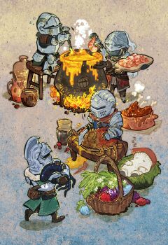 5others absurdres armor ashen_one_(dark_souls) basket bloodborne bowl butcher cauldron chosen_undead coat commentary company_connection dark_souls_(series) dark_souls_i dark_souls_ii dark_souls_iii elden_ring flying_sweatdrops food fromsoftware full_armor fur-trimmed_coat fur_trim green_coat heart helm helmet highres holding holding_knife hunter_(great_one)_(bloodborne) knife ladle meat multiple_others mushroom_child shrimp siegmeyer_of_catarina squid steam stirring tarnished_(elden_ring) weiwei_(vivi) zzz
