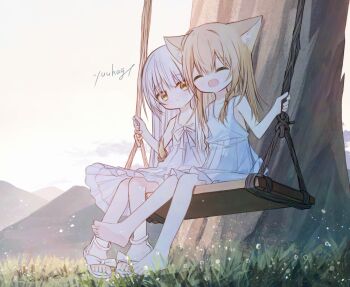 2girls :d ^_^ animal_ear_fluff animal_ears bare_arms bare_shoulders barefoot blonde_hair braid brown_eyes closed_eyes closed_mouth collarbone commentary_request dress feet grass grey_hair hand_up long_hair mountain multiple_girls on_swing open_mouth original outdoors pleated_dress sandals signature sky sleeveless sleeveless_dress smile soles swing tail toes tree very_long_hair waka_(yuuhagi_(amaretto-no-natsu)) white_dress white_footwear yuuhagi_(amaretto-no-natsu)