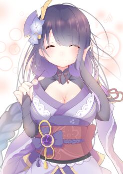 1girl absurdres blunt_bangs blurry blurry_background blush braid breasts bridal_gauntlets chewing cleavage closed_eyes commentary covered_collarbone dango eating fan_hair_ornament food genshin_impact gradient_hair hair_ornament highres holding holding_food huge_breasts jam_(jamjam777) japanese_clothes kimono large_breasts long_braid long_hair mole mole_under_eye multicolored_hair neck_ribbon off_shoulder purple_hair purple_kimono raiden_shogun red_ribbon red_sash ribbon sash single_braid solo wagashi