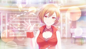 1girl blurry blurry_background bokeh breasts brown_eyes brown_hair cleavage colorful_festival_(project_sekai) colorful_palette depth_of_field game_cg hair_between_eyes highres looking_at_viewer meiko_(vocaloid) official_art project_sekai red_wrist_cuffs smile solo third-party_source vocaloid waving wrist_cuffs zipper