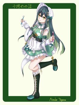 1girl absurdres apron bare_shoulders black_corset bonnet boots breasts character_name closed_mouth collar colored_inner_hair corset crossed_bangs detached_sleeves fish floral_print floral_print_kimono flower-shaped_pupils flower_hairpin flower_knot frilled_bonnet frilled_collar frilled_skirt frilled_socks frilled_thigh_strap frills from_above full_body green_background green_boots green_eyes green_hair green_kimono green_ribbon green_tail hair_ribbon highres holding holding_toothbrush japanese_clothes kimono kimono_skirt knee_boots kneehighs lace-up_boots lizard_tail long_hair long_sleeves looking_at_viewer maid_apron multicolored_hair neck_ribbon nijisanji obiage obijime print_kimono ribbon simple_background skirt small_breasts socks solo standing standing_on_one_leg symbol-shaped_pupils tail tail_under_clothes tassel thigh_strap togawa_nonoha toothbrush user_avhy4772 virtual_youtuber w_arms waist_apron white_bonnet white_ribbon white_sleeves