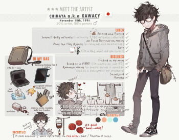 1boy artist_self-insert bag bird black-framed_eyewear black_footwear black_pants blood blood_bag blush bottle brown_hair bug cellphone character_name character_profile chicken closed_mouth commentary drawstring english_commentary english_text fly glasses grey_jacket hand_in_pocket head_tilt heart holding hood hood_down hooded_jacket bug jacket japanese_flag kawacy kiss long_sleeves male_focus mars_symbol necktie o3o opaque_glasses original pale_skin pants phone pill poop red_blood_cell sapling shoes shoulder_bag smartphone standing star_(symbol) tissue_box towel window