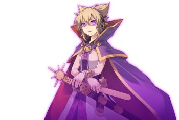 1girl blonde_hair bracelet cape dress earmuffs eho_(icbm) game_cg glowing glowing_eyes jewelry labyrinth_of_touhou_(series) labyrinth_of_touhou_tri looking_at_viewer non-web_source official_art open_mouth pointy_hair purple_cape purple_theme red_cape ritual_baton sheath sheathed short_hair sleeveless sleeveless_dress smile solo sword touhou toyosatomimi_no_miko transparent_background two-sided_cape two-sided_fabric weapon yellow_dress yellow_eyes