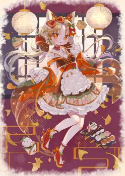 Rule 34 | 1girl, animal ear fluff, animal ears, apron, blonde hair, blunt bangs, blush, bow, bright pupils, cat ears, cat girl, commentary, dango, dress, food, frilled dress, frills, full body, hair bow, highres, lantern, long hair, long sleeves, looking at viewer, open mouth, orange eyes, original, parted bangs, red shoes, shoes, solo, symbol-only commentary, tsukumi bis, wagashi, white apron, white pupils