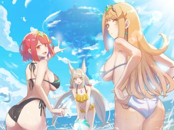 3girls absurdres adjusting_clothes adjusting_swimsuit amausa_subee animal_ear_fluff ass ball beachball bikini blue_sky blush bob_cut breasts cloud commentary_request grey_hair halterneck highres in-universe_location large_breasts long_hair looking_at_viewer looking_back multiple_girls mythra_(xenoblade) nia_(xenoblade) pointing pyra_(xenoblade) red_eyes red_hair revision side-tie_bikini_bottom sky smile string_bikini swimsuit tiara tree very_long_hair wading wet xenoblade_chronicles_(series) xenoblade_chronicles_2