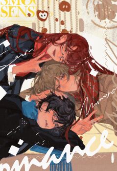 Rule 34 | 1girl, 2boys, absurdres, akechi gorou, amamiya ren, baicumikuo, black hair, blue eyes, blue scarf, brown hair, glasses, hand on another's head, highres, long hair, looking at viewer, multiple boys, persona, persona 5, persona 5 the royal, red eyes, red hair, red scarf, scarf, smile, v, yoshizawa kasumi