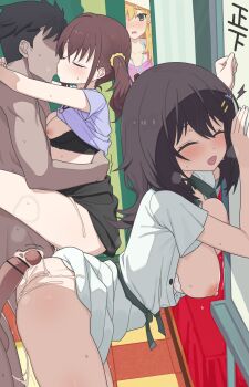 2boys 3girls absurdres aftersex against_wall arms_around_neck bar_censor bent_over black_bra black_hair black_skirt blonde_hair blush bouncing_breasts bra bra_pull breasts breasts_out brown_hair censored closed_eyes clothed_female_nude_male clothed_sex clothes_lift clothes_pull clubroom cum cum_in_pussy cum_on_ass cum_on_body dress eguegu faceless faceless_male furutachi_kurea green_dress green_eyes green_sash group_sex hair_tie hand_on_another&#039;s_ass hetero hibi_wa_sugiredo_meshi_umashi highres hoshi_nana indoors kawai_mako kiss large_breasts leg_lock looking_back multiple_boys multiple_girls multiple_hair_clips nipples nude open_clothes open_dress open_mouth orgasm orgy peeking penis purple_shirt sash sex sex_from_behind shirt shirt_lift short_sleeves skirt small_breasts standing standing_leg_lock standing_sex suspended_congress tally twintails underwear white_bra