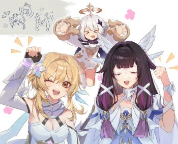 :p arm_up bare_shoulders black_hair blonde_hair breasts cheering cleavage clenched_hand closed_eyes columbina_(genshin_impact) dress excited eye_mask fist_pump flower genshin_impact hair_between_eyes hair_flower hair_ornament halo head_wings long_hair lumine_(genshin_impact) mask medium_breasts multicolored_hair multiple_girls official_art_inset open_mouth paimon_(genshin_impact) pink_hair raised_fist reference_inset scene_reference short_hair short_hair_with_long_locks sidelocks smile streaked_hair teeth tongue tongue_out two-tone_hair upper_teeth_only very_long_hair viviwi white_dress white_hair white_mask wings yellow_eyes