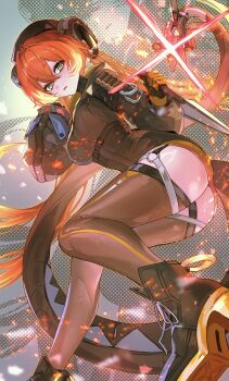 Rule 34 | 1girl, absurdres, ass, black boots, black jacket, black thighhighs, boots, breasts, commentary request, dragon girl, dragon horns, from below, green eyes, highres, hokkul, holding, holding knife, horns, jacket, knife, large breasts, long hair, looking at viewer, magus (zenless zone zero), mechanical tail, orange hair, orphie magnusson, parted lips, solo, tail, thighhighs, very long hair, zenless zone zero