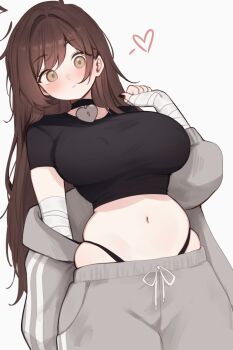 Rule 34 | 1girl, bandaged arm, bandages, black choker, black nails, black shirt, blush, breasts, brown eyes, brown hair, choker, commentary, cropped shirt, english commentary, grey jacket, grey pants, heart, heart-shaped lock, heart in eye, highres, indie virtual youtuber, jacket, large breasts, long hair, looking at viewer, navel, open clothes, open jacket, pants, shirt, simple background, sky above me, sky above me (vtuber), solo, stomach, symbol in eye, track suit, virtual youtuber, white background