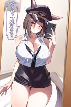 1girl absurdres air_groove_(umamusume) alternate_costume animal_ears black_hat black_skirt blue_eyes breasts brown_hair cellphone cleavage commentary_request ears_through_headwear hat highres holding holding_phone horse_ears horse_girl horse_tail large_breasts mirror phone police police_uniform policewoman selfie shirt short_hair skirt sleeveless sleeveless_shirt smoke_klll solo speech_bubble tail translation_request umamusume white_shirt