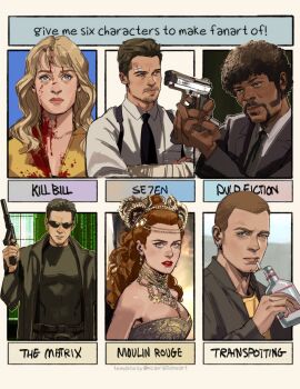 Rule 34 | 2girls, 4boys, absurdres, afro, alcohol, bandaged arm, bandages, bandaid, bandaid on arm, bandaid on face, bandaid on forehead, bare shoulders, beatrix kiddo, belt, black hair, black jacket, black neckwear, black shirt, black suit, blood, blood on clothes, blood on face, blue eyes, bodysuit, bottle, breasts, brown eyes, brown hair, brown jacket, bruce lee's jumpsuit, cigarette, cleavage, closed mouth, collarbone, collared shirt, commentary, copyright name, crossed arms, crossover, ctstudio (executional), dark-skinned male, dark skin, david mills, digital rain, dress, earrings, english commentary, english text, facial hair, formal clothes, gun, hand up, headdress, highres, holding, holding bottle, holding gun, holding weapon, jacket, jewelry, jules winnfield, kill bill, large breasts, light brown hair, lips, lipstick, long hair, long sleeves, looking at viewer, looking to the side, looking up, makeup, male focus, mark renton, moulin rouge, mouth hold, multiple boys, multiple crossover, multiple drawing challenge, multiple girls, mustache, necklace, necktie, neo (the matrix), open clothes, open jacket, parted lips, pulp fiction, red lips, satine (moulin rouge), se7en, serious, shirt, short hair, sideburns, six fanarts challenge, sleeveless, sleeveless dress, stubble, suit, sunglasses, the matrix, toned, toned male, trainspotting, very short hair, weapon, white shirt, yellow bodysuit, yellow shirt