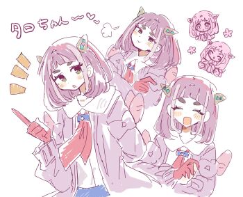 Rule 34 | 1girl, :d, :o, arched bangs, blue pants, blush, brown eyes, cardigan, closed mouth, eyelashes, gloves, hair ornament, hairclip, han0579, highres, lacey (pokemon), looking at viewer, multiple views, necktie, nintendo, open cardigan, open clothes, open mouth, pants, partially fingerless gloves, pink cardigan, pink hair, pokemon, pokemon sv, pout, red gloves, red necktie, shirt, short hair, smile, translation request, white shirt