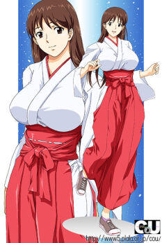 1girl :d breasts brown_eyes brown_hair clothing_cutout dual_persona gradient_background hakama hakama_skirt hip_vent huge_breasts japanese_clothes kamisama_dolls large_breasts leg_lift light_smile long_hair long_sleeves looking_at_viewer miko nolia open_mouth red_hakama sash shiba_hibino shoes side_slit skirt sky smile sneakers star_(sky) starry_sky watermark web_address wide_sleeves