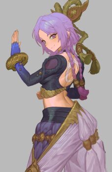 1girl back_tattoo blue_gloves braid clenched_hand cowboy_shot crop_top fingerless_gloves furrype4ch gloves grey_background hand_up league_of_legends looking_at_viewer multiple_braids purple_eyes purple_hair simple_background smile solo tattoo yunara_(league_of_legends)