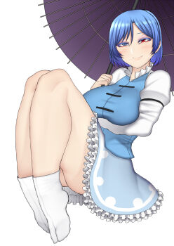 Rule 34 | 1girl, aged up, ass, blue eyes, blue hair, blue skirt, blue vest, blush, closed mouth, commentary, curvy, female focus, full body, half-closed eyes, heterochromia, highres, hip focus, holding, holding umbrella, juliet sleeves, knees up, legs, long sleeves, looking at viewer, nicutoka, puffy sleeves, red eyes, short hair, simple background, skirt, smile, socks, solo, tatara kogasa, taut clothes, thick thighs, thighs, touhou, umbrella, vest, white background, white socks, wide hips
