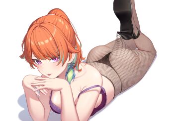 1girl :p ass black_panties black_shoes bra breasts colored_inner_hair commentary feathers feet_up fishnet_pantyhose fishnets green_feathers green_hair hair_flaps high_heels highres hololive hololive_english lace_pantyhose_hooked_on_heel_(meme) long_hair looking_at_viewer lying medium_breasts meme multicolored_hair on_stomach orange_hair panties pantyhose ponytail purple_bra purple_eyes resu_desu shoes simple_background solo strap_slip strappy_heels symbol-only_commentary takanashi_kiara the_pose tongue tongue_out underwear virtual_youtuber white_background