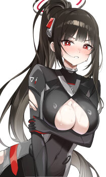 Rule 34 | 1girl, arm under breasts, black bodysuit, black hair, black halo, blue archive, blunt bangs, blush, bodysuit, breasts, bright pupils, cleavage, commentary request, corrupted twitter file, covered navel, cowboy shot, dutch angle, embarrassed, eyelashes, halo, highres, large breasts, long hair, looking at viewer, nose blush, official alternate costume, official alternate hairstyle, ponytail, prock, red eyes, ringed eyes, rio (armed) (blue archive), rio (blue archive), sidelocks, simple background, solo, sweat, torn bodysuit, torn clothes, tsurime, v-shaped eyebrows, very long hair, white background, white pupils