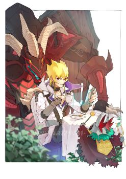 1boy absurdres black_choker blonde_hair chair choker closed_mouth coat commentary_request cup dark_resonator duel_monster earrings hair_between_eyes hair_tubes highres holding holding_cup jack_atlas jewelry long_sleeves looking_at_viewer male_focus on_chair plate purple_eyes red_dragon_archfiend short_hair sitting spoon table teacup white_coat yu-gi-oh! yu-gi-oh!_5d&#039;s yunyuyu_9