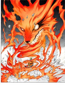 2boys bandages blonde_hair chakra demon energy fangs fox from_behind headband ice kishimoto_masashi male_focus mirror monster multiple_boys naruto_(classic) naruto_(series) ninja official_art power sandals spiked_hair tagme uchiha_sasuke uzugakure_symbol uzumaki_naruto