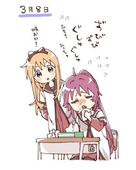 2girls :o ahoge blonde_hair blue_eyes blush_stickers bow brown_bow brown_sailor_collar chair closed_eyes cropped_legs desk dress flying_sweatdrops hair_bow hashtag-only_commentary highres long_hair multiple_girls namori nanamori_school_uniform nose_bubble open_mouth pleated_dress ponytail purple_hair red_dress sailor_collar school_desk school_uniform shirt simple_background sitting sugiura_ayano tissue tissue_box toshinou_kyouko translation_request v-shaped_eyebrows white_background white_shirt winter_uniform yuruyuri