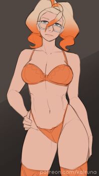 1girl bra glasses griselle_(pokemon) hand_on_own_hip kalruna multicolored_hair nintendo orange_bra orange_panties panties pokemon pokemon_legends:_z-a solo two-tone_hair underwear