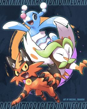 :d bright_pupils brionne character_name claws closed_eyes commentary dartrix fang gen_7_pokemon highres kelvin-trainerk looking_at_viewer nintendo no_humans open_mouth pokemon pokemon_(creature) pokemon_focus red_fur smile tongue torracat twitter_username