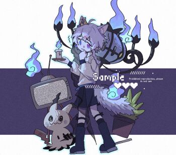1boy :3 @_@ alternate_color animal_ears black_shoes black_shorts black_socks blue_eyes boots braid candlestand cat_boy cat_ears cat_tail chandelure commission crt fire full_body gen_5_pokemon gen_7_pokemon heterochromia highres holding_candlestand looking_at_viewer male_focus mimikyu nintendo plant pokemon pokemon_(creature) potted_plant purple_eyes purple_fire purple_hair robinlovesop shiny_pokemon shirt shoes shorts simple_background single_braid socks standing static tail white_background white_shirt yellow_eyes